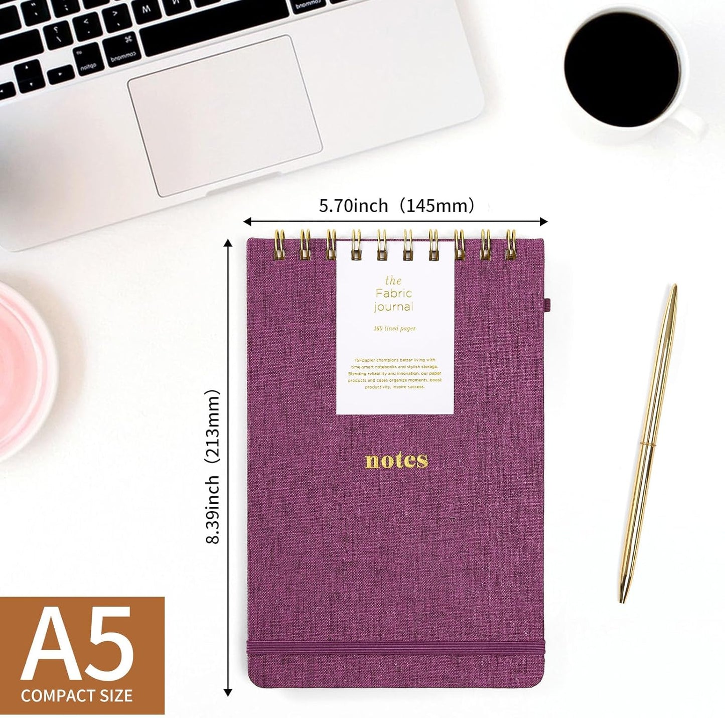 A5 Top Spiral Notebook – Hardcover Journal 160 Pages 100 GSM Thick Paper With Elastic Band & Pen Holder Steno Pads College Ruled Writing Notebooks for Work School Travel Pink