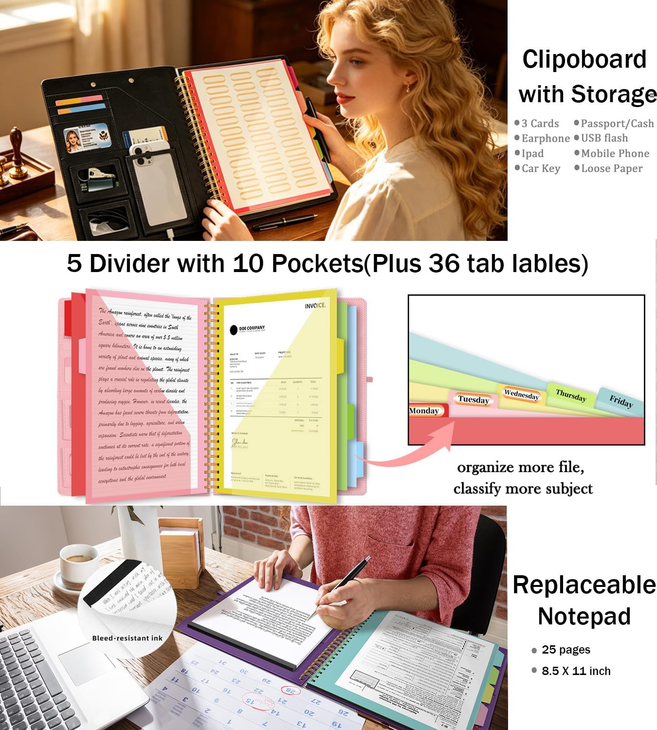 Grey Foldable Spiral Clipboard Folio with Storage Zipper Pouch, 5 Plastic Folders with Pockets,Refillable Lined Notepad (8.5" x 11"), Hardcover Project Organizer with 39 Stickers