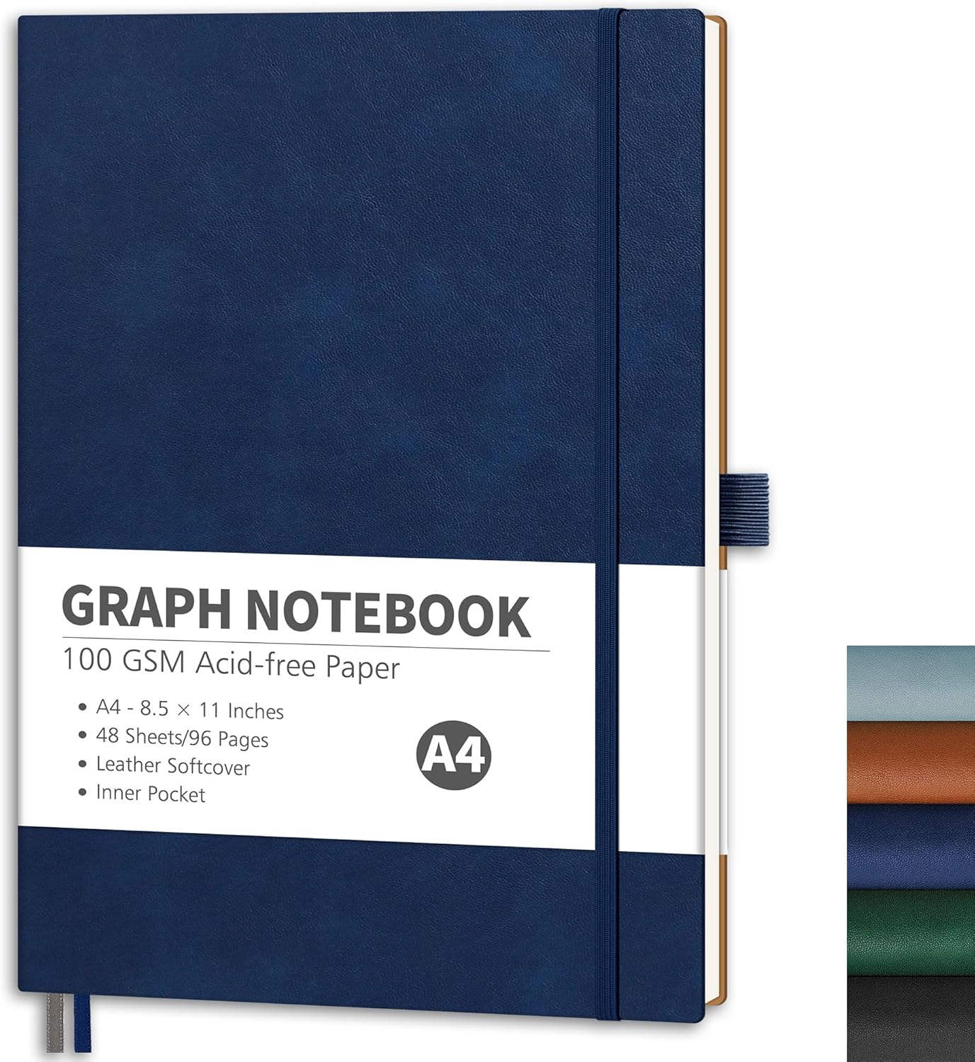 RETTACY Graph Grid Paper Notebook, 96 Pages, A4 Large Size (8.5'' x 11''), 5 Squares per Inch, Leather Softcover, 100 GSM Thick Paper, for School, Students, Math, Engineering (Navy Blue)