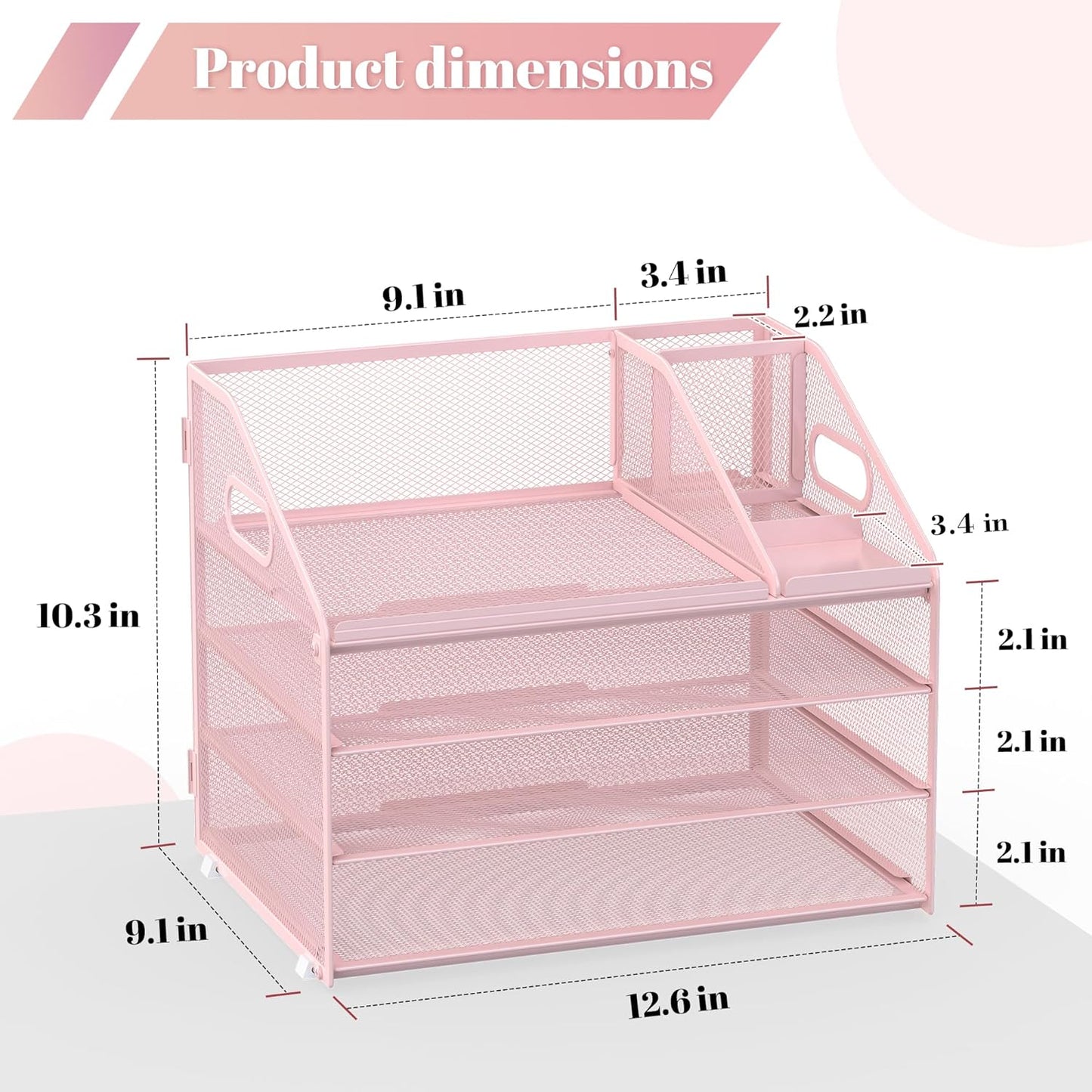 Letter Tray Paper, 4 Tier Desk Organizer with Pen Holder and Handle Mesh File Organizer Paper Sorter Metal Desktop Document Shelf for Office Home Classroom -Black