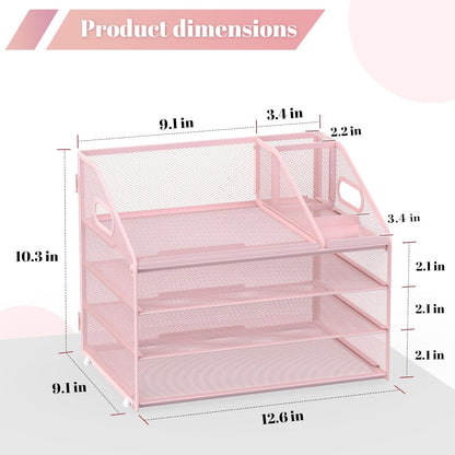 Letter Tray Paper, 4 Tier Desk Organizer with Pen Holder and Handle Mesh File Organizer Paper Sorter Metal Desktop Document Shelf for Office Home Classroom -Black