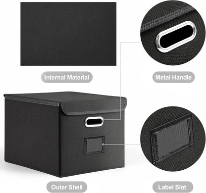 Hleelomi Collapsible File Box with Lid & Plastic Slide - Hanging Document Organizer for Office/Home, 14.96x12.6x10.83 Inch,Decorative Home File Bin,Black, 1 Pack (No Folders Included)