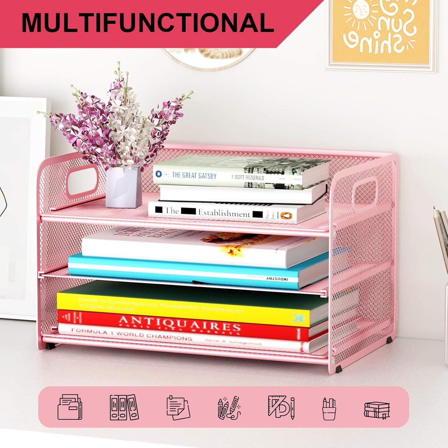 3 Tier Paper Letter Tray Organizer for Desk, Mesh File Folder Document Organizer with Handle for Home Office Supplies Desktop Accessories, Pink