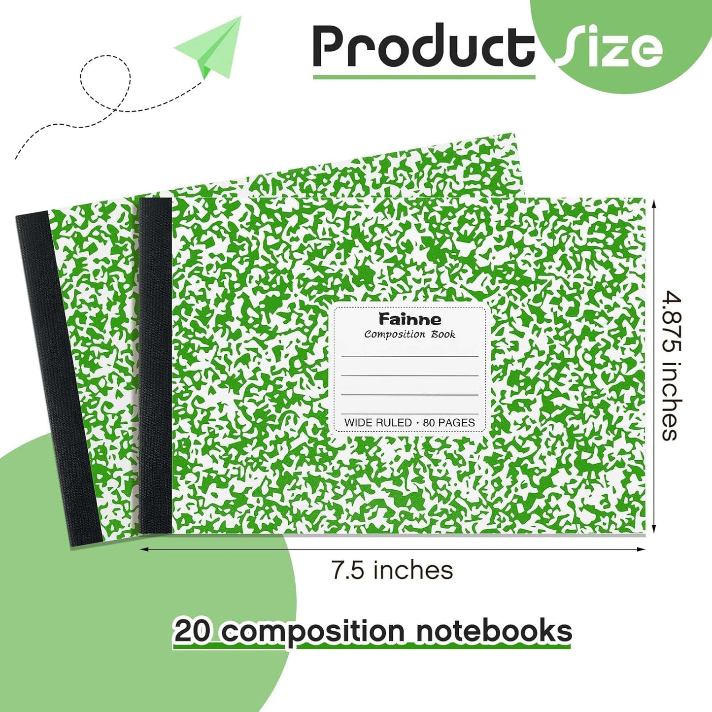 Fainne 20 Pieces Composition Notebooks 80 Pages Half Size Wide Ruled 4-7/8 x 7-1/2" Composition Books 11/32" Spacing Assorted Primary Covers Bulk(Green,Snowflake)