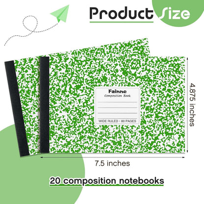 Fainne 20 Pieces Composition Notebooks 80 Pages Half Size Wide Ruled 4-7/8 x 7-1/2" Composition Books 11/32" Spacing Assorted Primary Covers Bulk(Green,Snowflake)