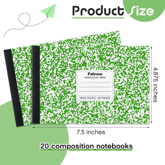 Fainne 20 Pieces Composition Notebooks 80 Pages Half Size Wide Ruled 4-7/8 x 7-1/2" Composition Books 11/32" Spacing Assorted Primary Covers Bulk(Green,Snowflake)