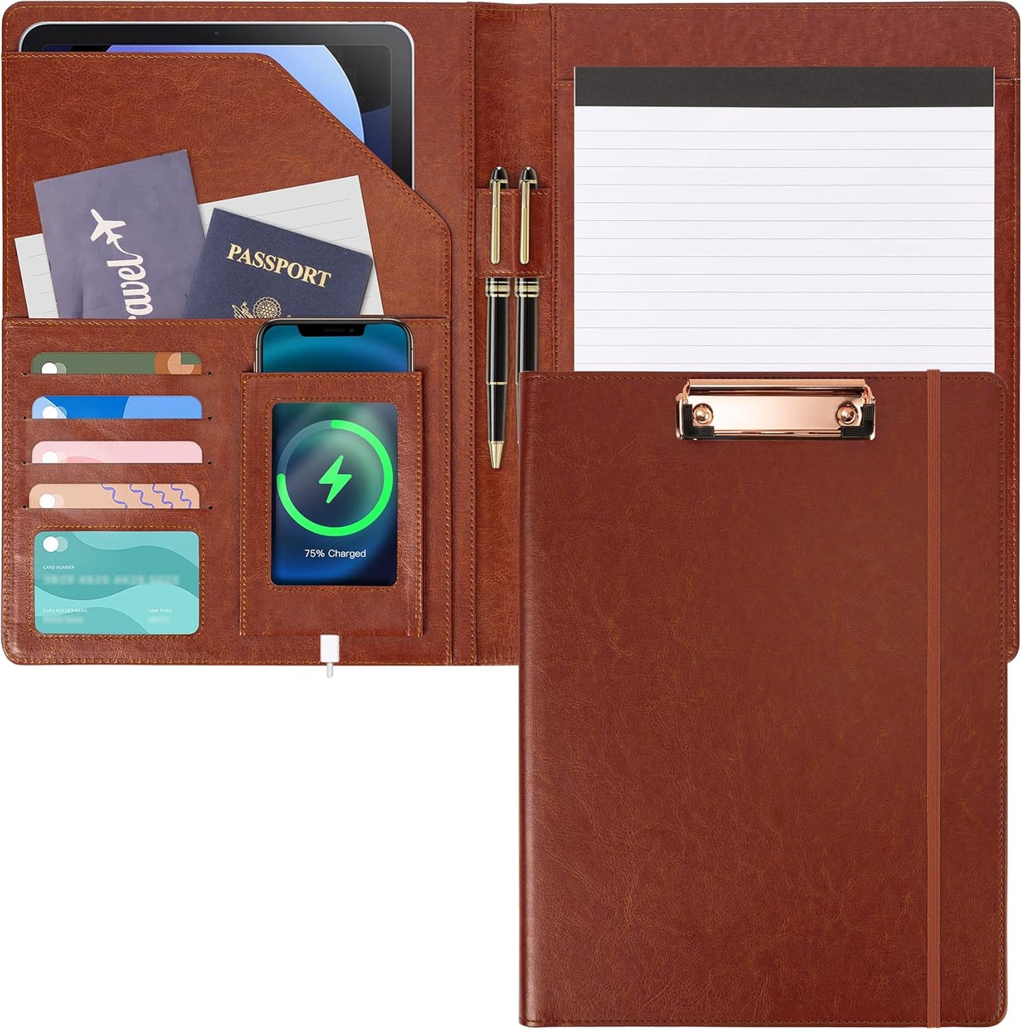 Clipboard Folio Folder Portfolio with Notepad-Pocket Business Card Holder Brown Faux PU Leather Portfolio