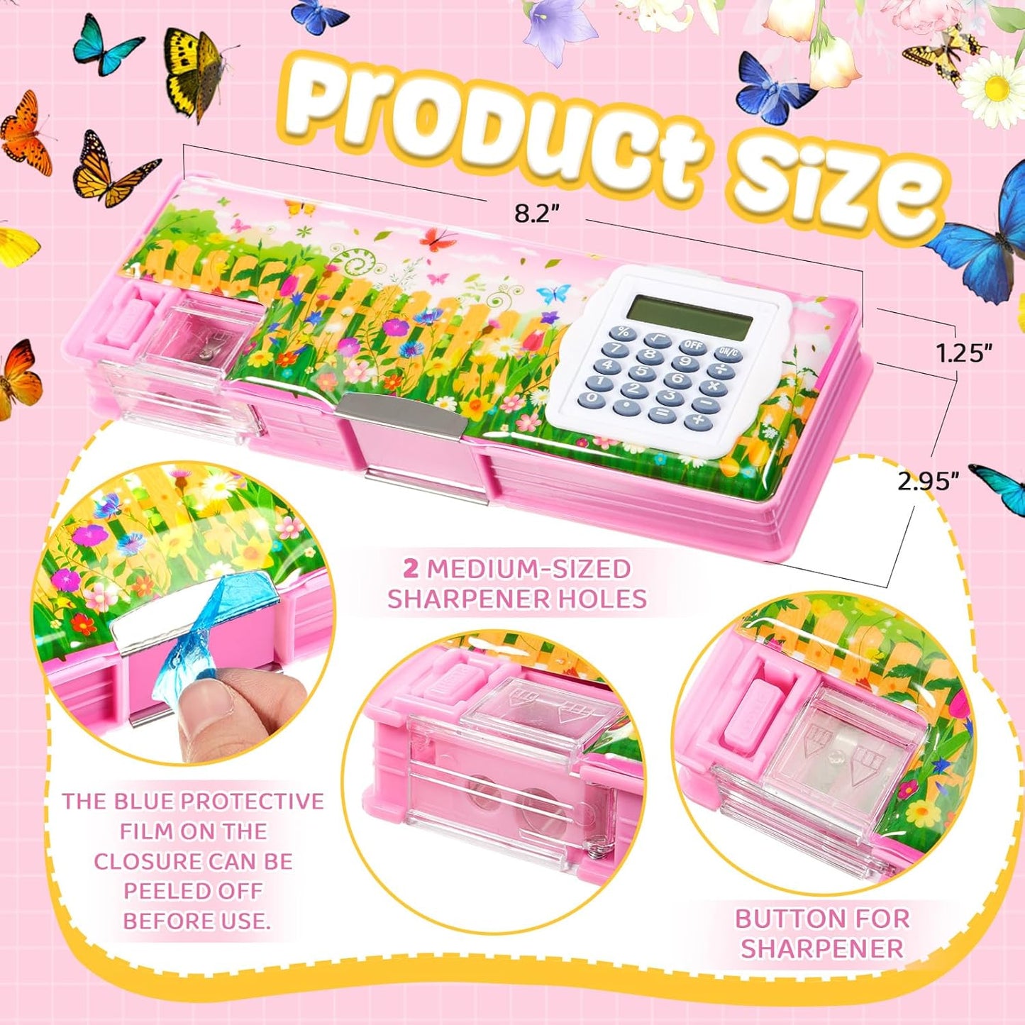 Henoyso Multifunctional Pencil Box for Girls Butterfly Pencil Case with Calculator and Sharpener Cool Cute Pencilcase School Supplies Essentials Christmas Birthday Gift Present for Kids Teens