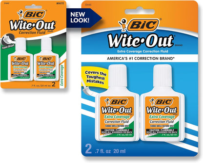 BIC Wite-Out Extra Coverage Correction Fluid, 20 mL Bottles, White, Pack Of 2
