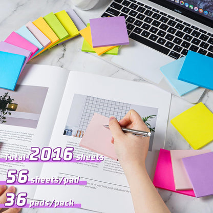 (36 Pack) Sticky Notes 3x3 in Post, 9 Bright Colors Self-Stick Note Pads it, Strong Adhesive, Easy to Post for Home, Office, Notebook