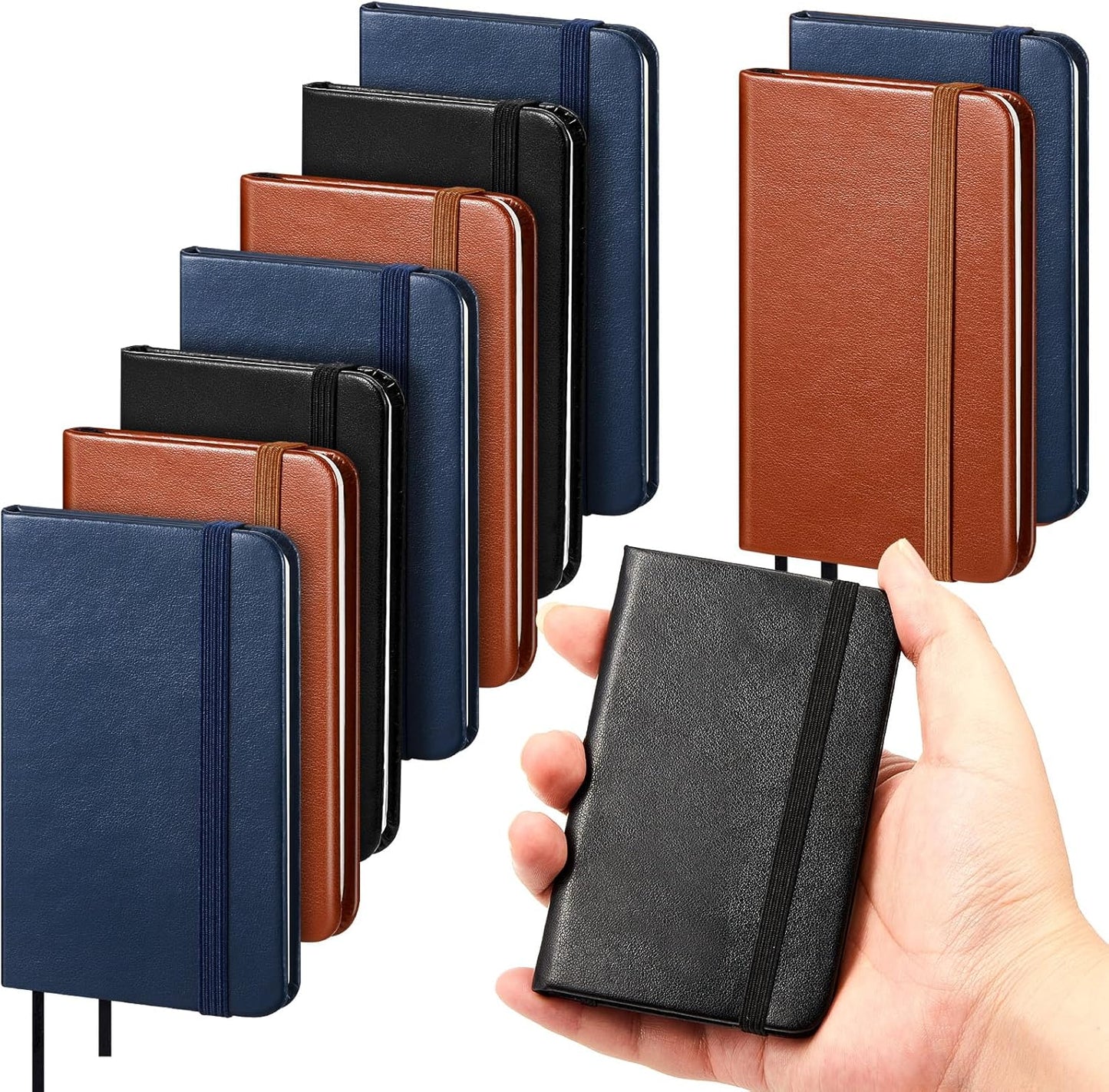 Qeeenar 10 Pcs Mini Black Brown Blue Leather Pocket Notebook Bulk, 4 x 2.5 Inch Small Journal Note Book, 50 Sheets Hardcover Tiny Notepad Lined for Office Home School Writing Supplies