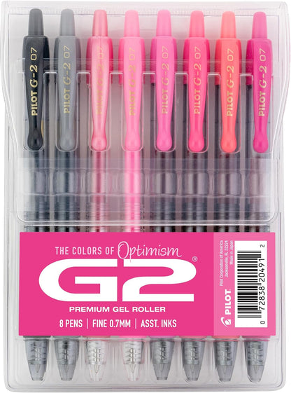 Pilot, G2 Premium Gel Roller Pens, G2 Boost Pink Pack, The Colors of Optimism, 8 Pack Pouch, Fine Point 0.7 mm, Assorted