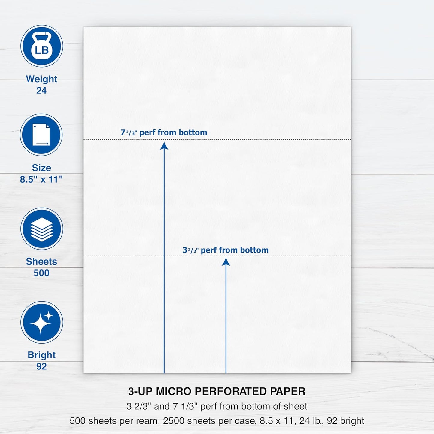 PrintWorks Professional 3 2/3" Horizontal Perforated Paper 8.5” x 11” - Perfect For W-2, 1099, & Statement Use - Made in the USA - 500 Sheets - 20 lb - Printer Compatible - White (04124)
