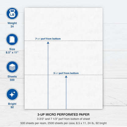 PrintWorks Professional 3 2/3" Horizontal Perforated Paper 8.5” x 11” - Perfect For W-2, 1099, & Statement Use - Made in the USA - 500 Sheets - 20 lb - Printer Compatible - White (04124)