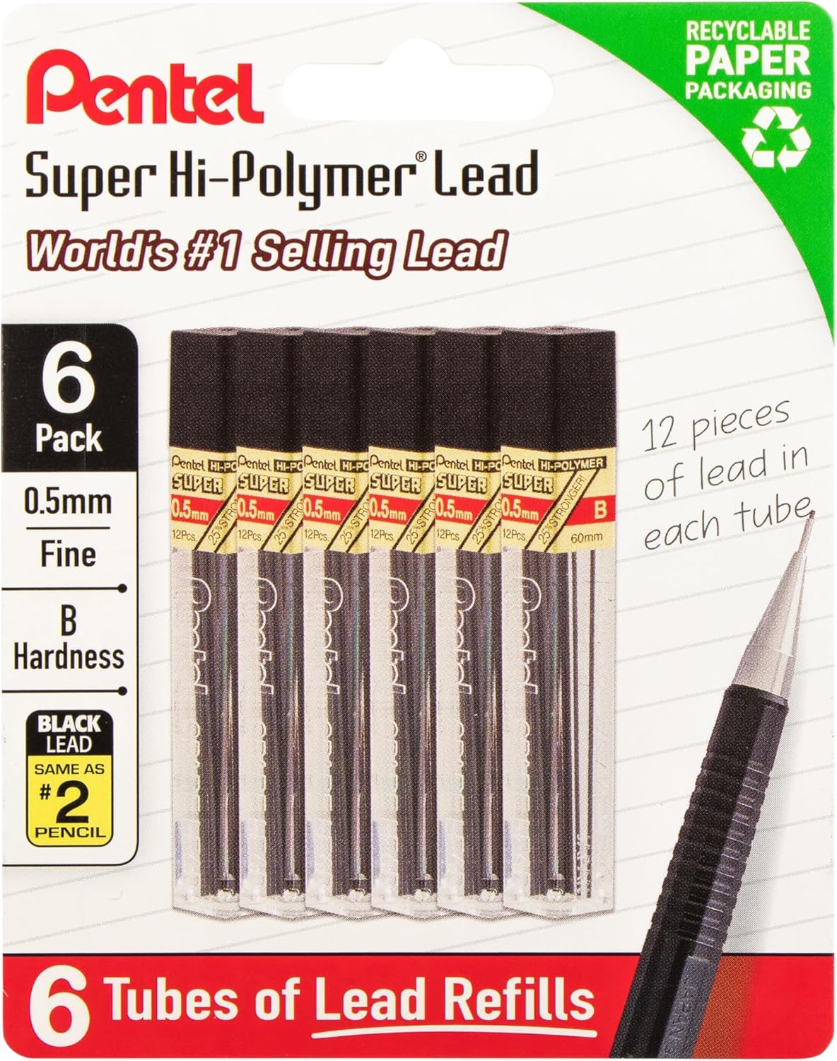 Pentel Super Hi-Polymer Lead Refills, 0.5 mm, 2H, 72 Pieces (12 pcs per tube, 6 tubes)