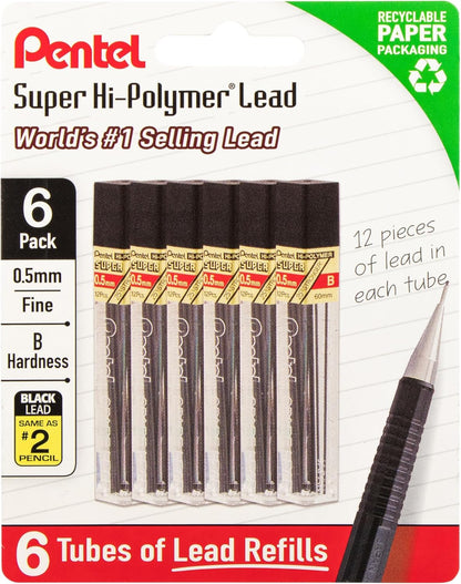 Pentel Super Hi-Polymer Lead Refills, 0.5 mm, 2H, 72 Pieces (12 pcs per tube, 6 tubes)