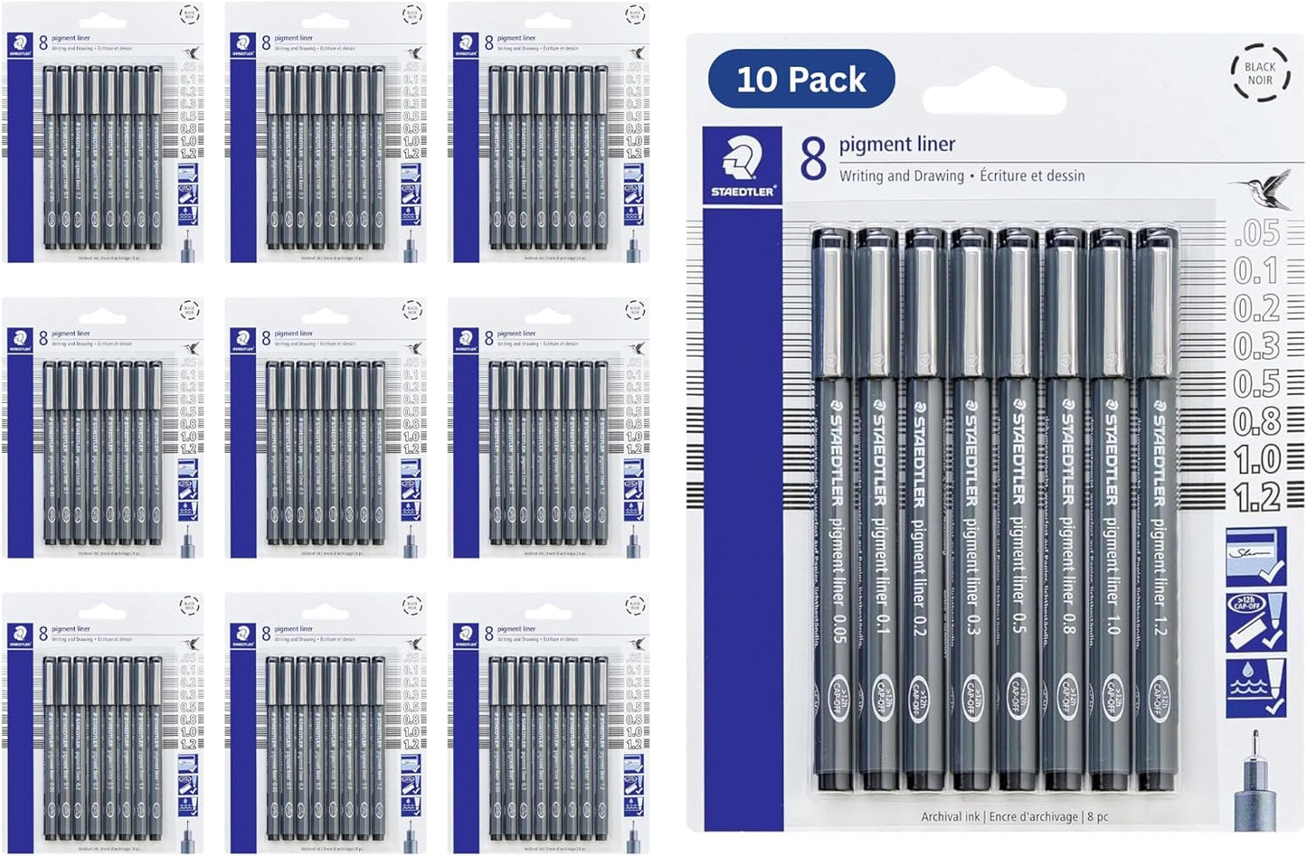 Staedtler Pigment Liner Pack, Black, 8 Pens, Assorted Line Widths, 0.05mm, 0.1mm, 0.2mm, 0.3mm, 0.5mm, 0.8mm, 1.0mm, 1.2mm