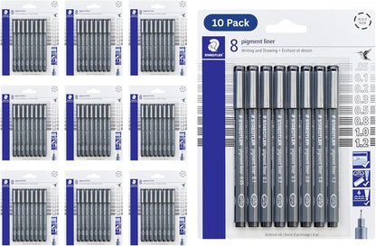 Staedtler Pigment Liner Pack, Black, 8 Pens, Assorted Line Widths, 0.05mm, 0.1mm, 0.2mm, 0.3mm, 0.5mm, 0.8mm, 1.0mm, 1.2mm