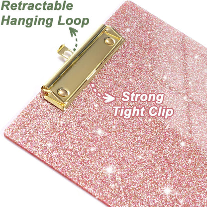 Rimilak Acrylic Glitter Clipboards, Sparkly Board with Low Profile Gold Clip, Designed for Classroom School and Office Use, A4 Letter Size 9 x 12.5 in, Pink