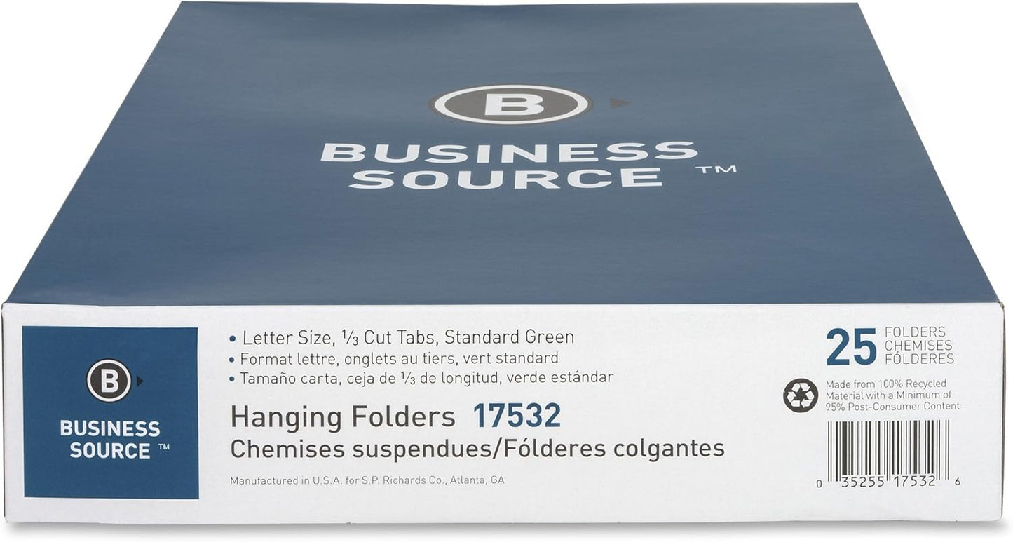 Business Source, BSN17532, 1/3 Cut Standard Hanging File Folders, 25 / Box, Standard Green