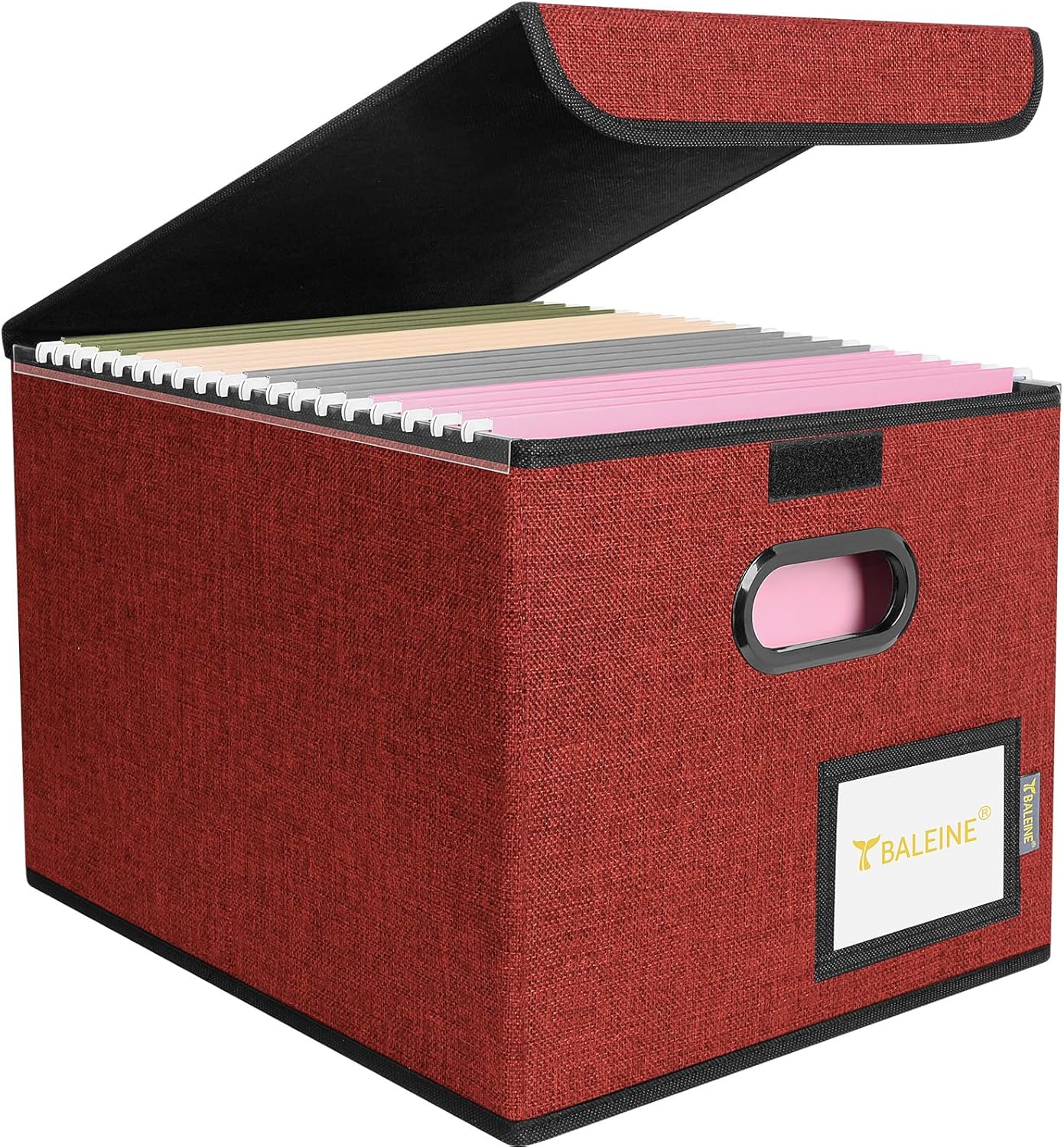 BALEINE File Organizer Box with Lid, Collapsible File Folder Organizer with Plastic Slide, Hanging File Folder Box for Office Document Storage (1 Pack, Black)