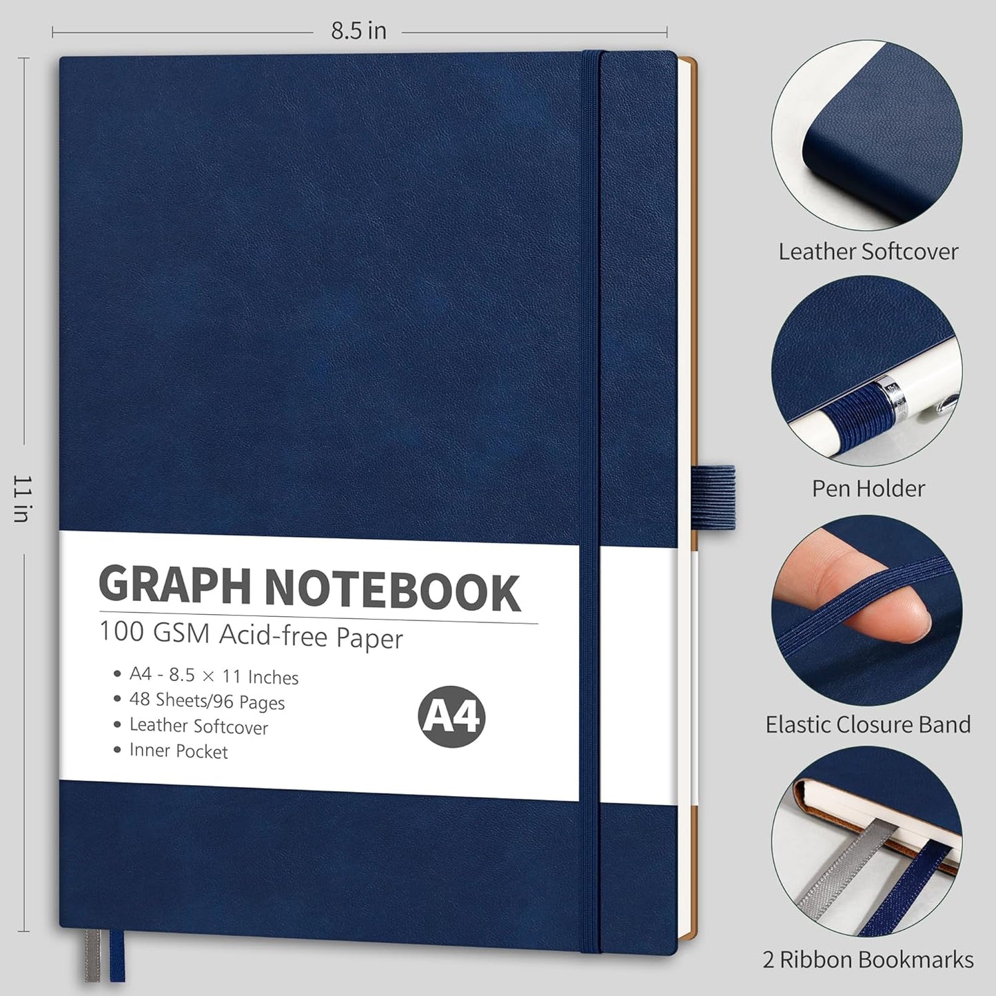 RETTACY Graph Grid Paper Notebook, 96 Pages, A4 Large Size (8.5'' x 11''), 5 Squares per Inch, Leather Softcover, 100 GSM Thick Paper, for School, Students, Math, Engineering (Navy Blue)