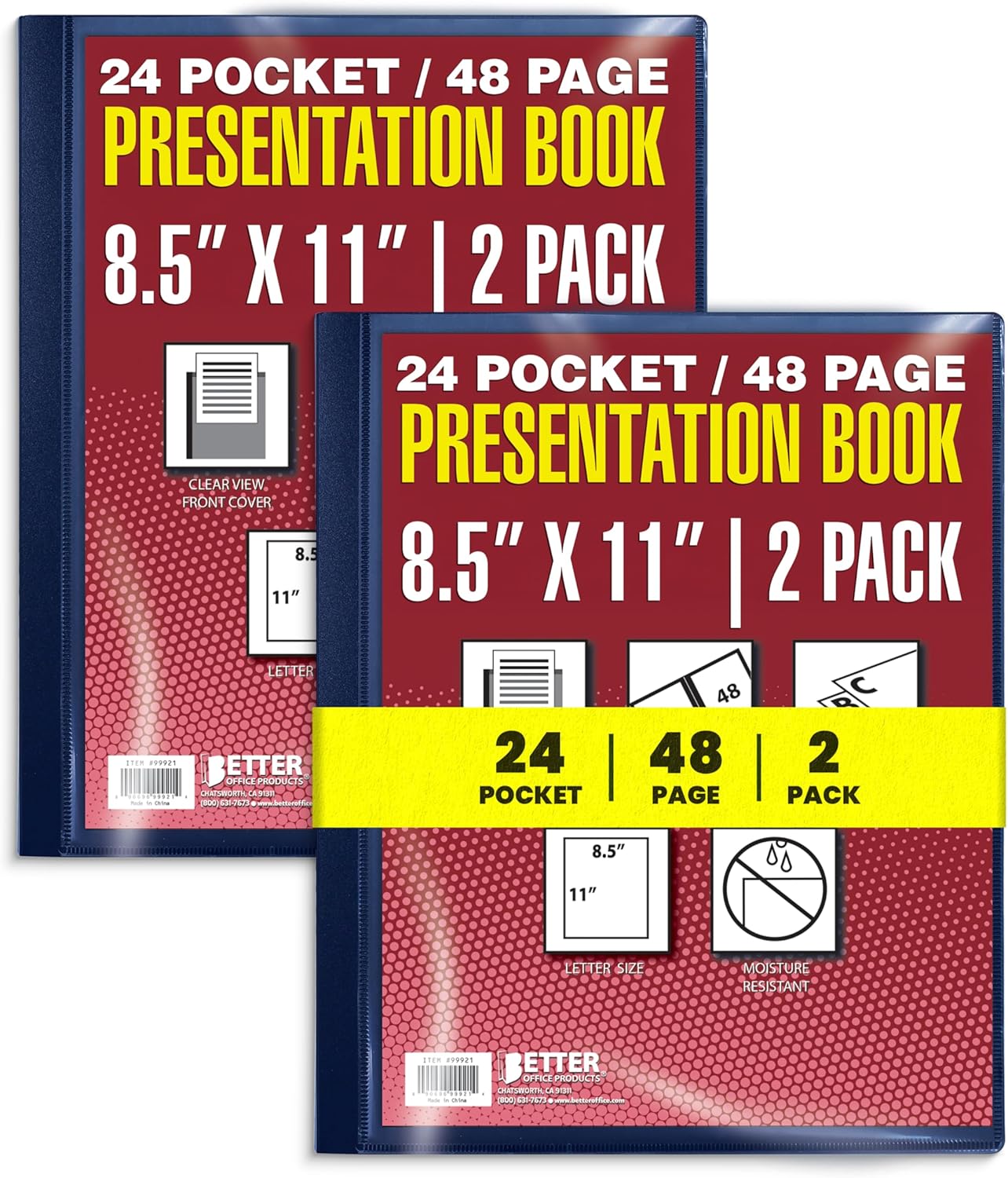 Better Office Products 24 Pocket Bound Presentation Book, Blue with Clear View Front Cover, 48 Sheet Protector Pages, 8.5" x 11" Sheets, Art Portfolio, Durable Poly Covers, Letter Size, Blue