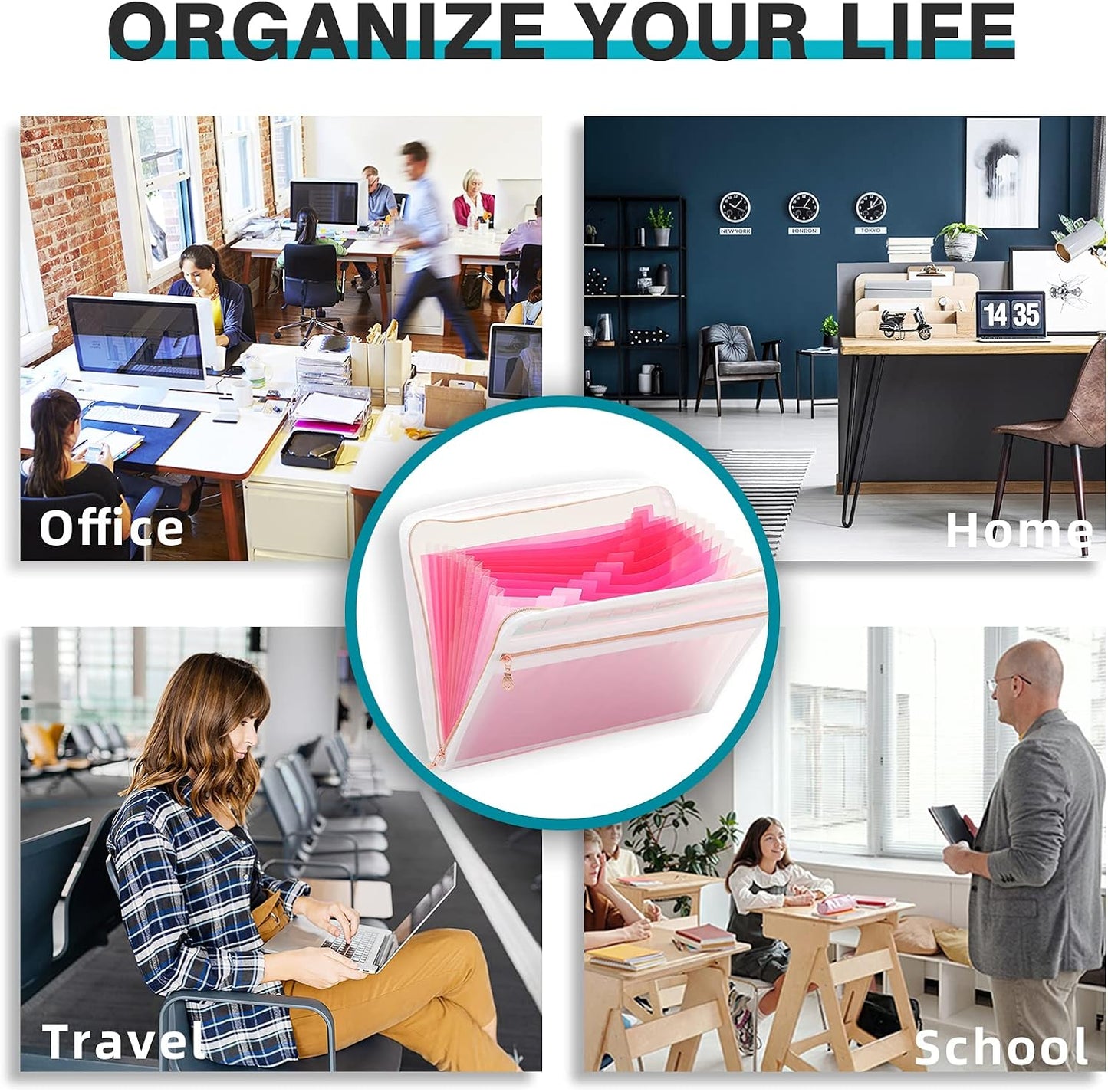H4D 13 Pocket Expanding File Folder Organizer with Front Clear Pounch, Accordion File Organizer with Zipper Clourse, Fit for Letter Size Papers, Pink