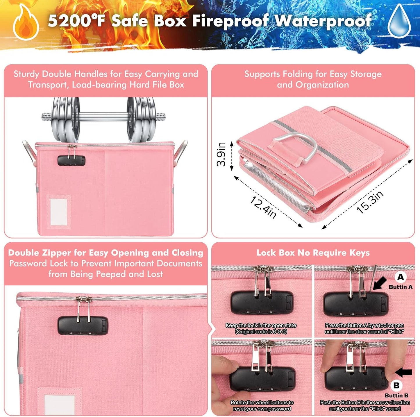 TOMKID Fireproof Document Box, Fireproof File Box with Lids, Important Document Organizer Box with Lock, Portable File Folder Organizer with Handle