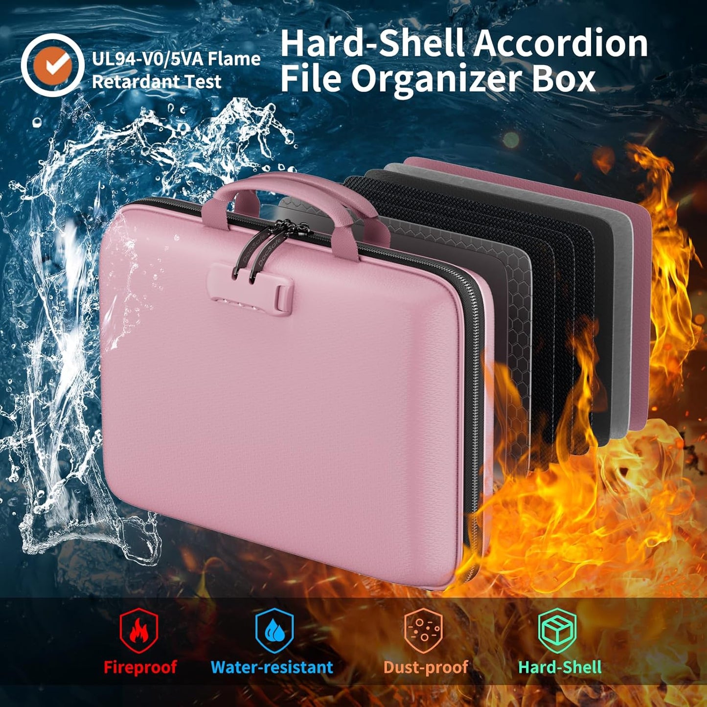 DocSafe Fireproof File Organizer with Lock, Hard-Shell Case Fireproof Document Box with 13 Pocket Accordion File Folder, Portable Home Office Travel Safe Storage for Important Documents Laptop Black