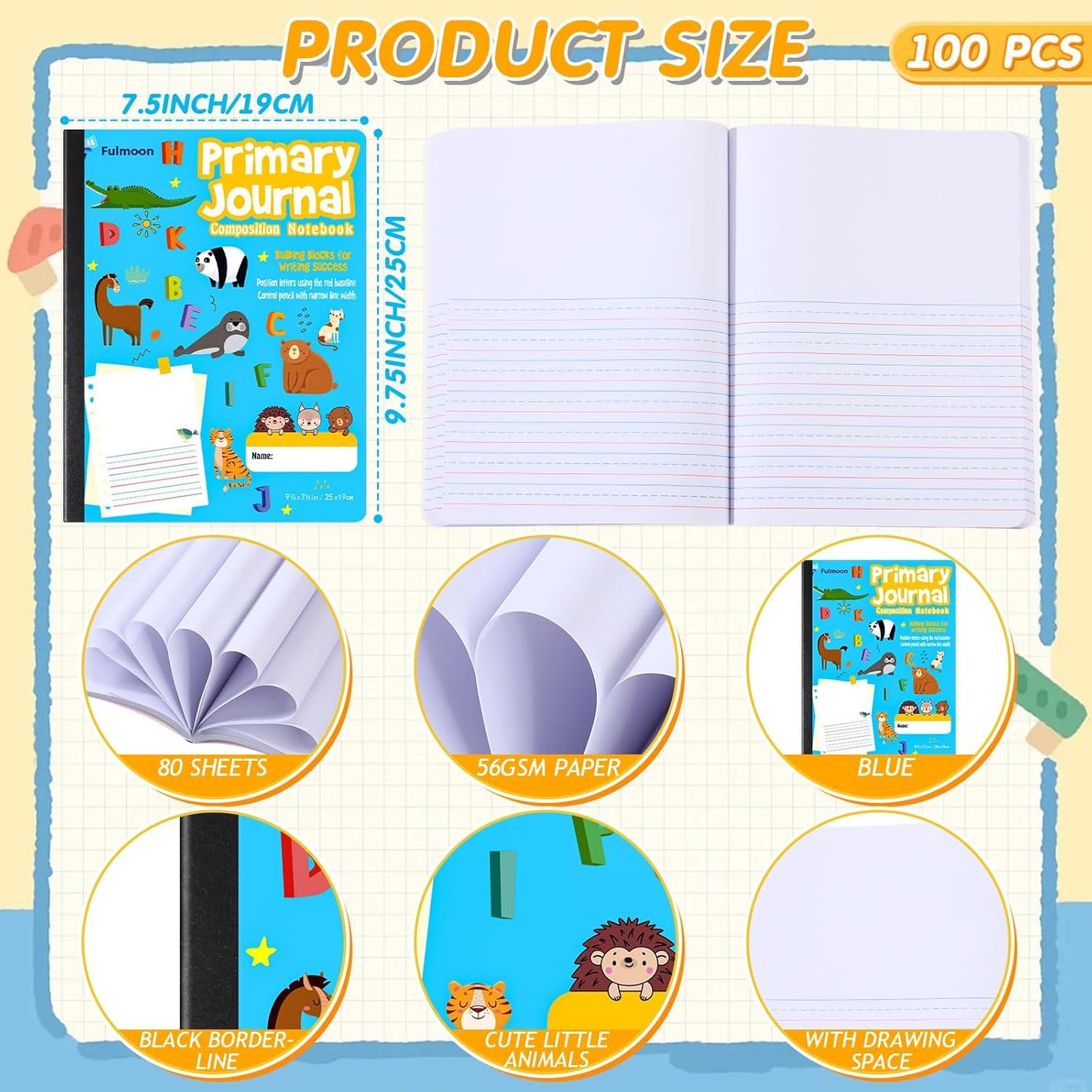 Fulmoon 24 Pcs Primary Composition Notebook K-2 with Picture Space Primary Journal Grades K-2 Draw and Write Journal Composition Book for Preschool Classroom, 80 Sheet (Blue)