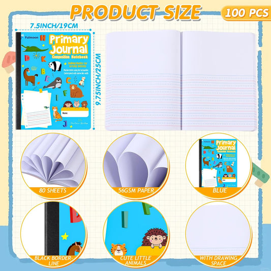 Fulmoon 24 Pcs Primary Composition Notebook K-2 with Picture Space Primary Journal Grades K-2 Draw and Write Journal Composition Book for Preschool Classroom, 80 Sheet (Blue)
