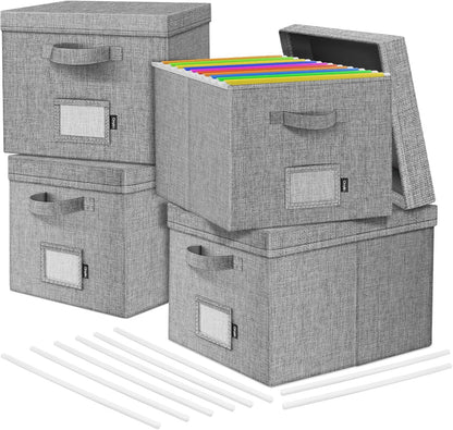 File Organizer Box with Lid, Linen Hanging File Storage Box with Handle, Collapsible Document Filling Box for Letter/Legal Folder, Portable File Box for Office/Decor/Home (1 Pack, Green)