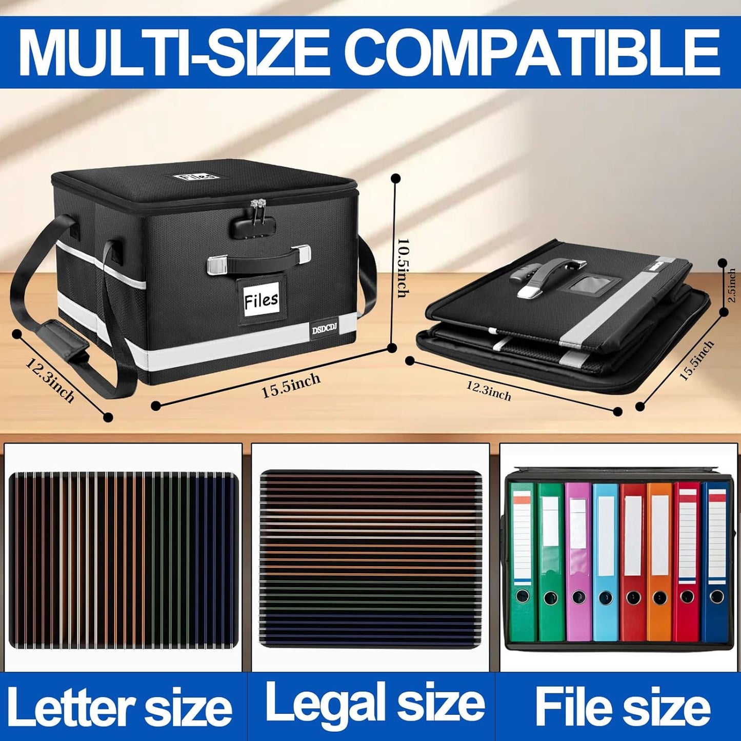 File Box with Lock - Portable File Organizer Box with Handle, Sturdy Important Document Organizer with Label, Slide, Reflective Strip for Hanging Letter/Legal Folder