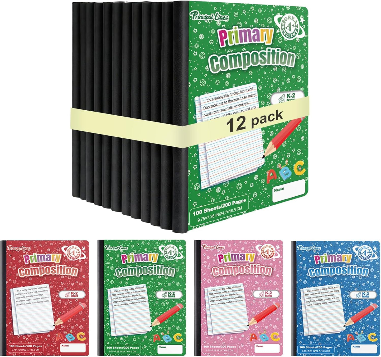 24 Pack Primary Composition Notebooks, Primary Journal Grades k-2, Writing Notebooks for Kids - Primary Ruled 200 Pages (100 Sheets) Hard Cover