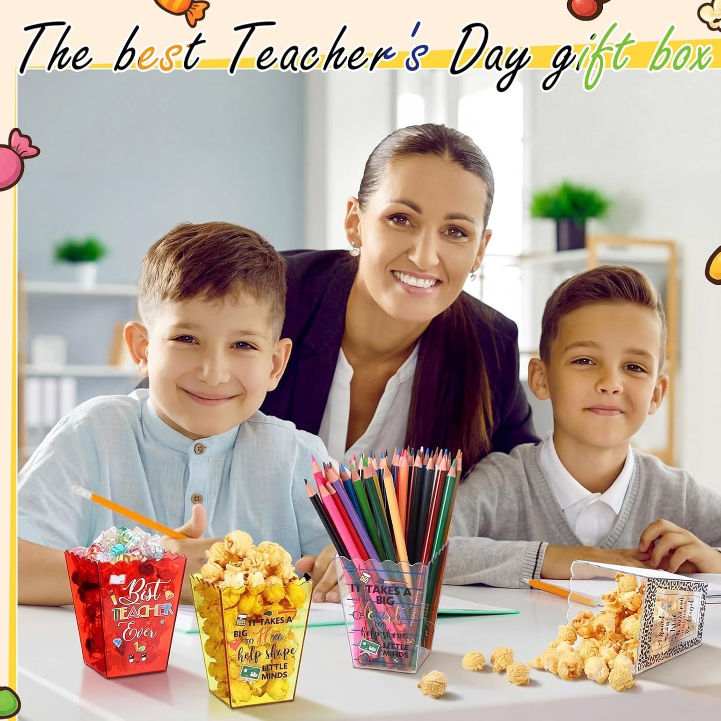 Mimorou 6 Pcs Teacher Gift Box Teacher Appreciation Gift Container Thank You Pencil Notebook Composition Book Crayon Candy Popcorn Holders for End of Year Graduation Party (Notebook)