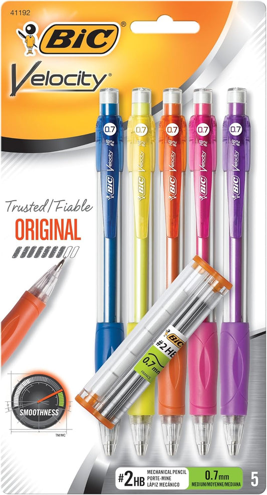 BIC® Velocity® Original Mechanical Pencils, 0.9 mm, Assorted Barrel Colors, Pack of 5