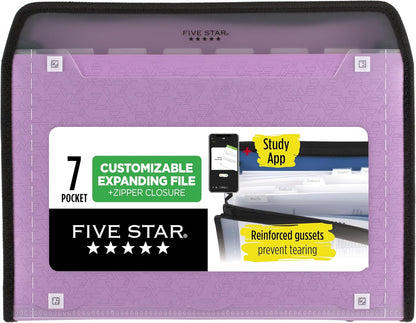 Five Star Expanding File Organizer + Study App, 7-Pocket Accordian File Organizer, Zipper Closure, Holds 8-1/2" x 11" Paper, Prom Pink (350099R)