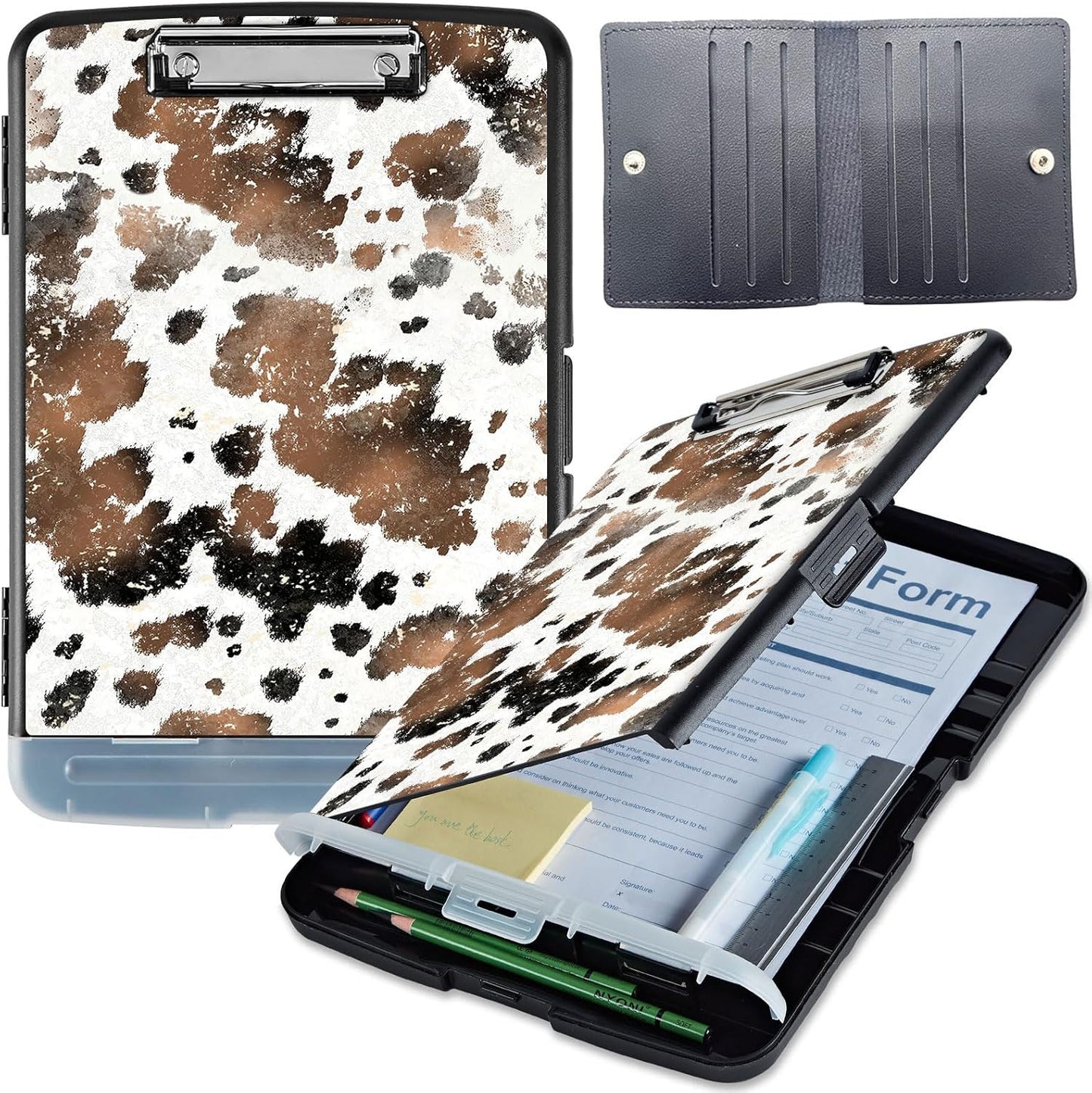 Clipboard with Storage, Heavy-Duty Side-Opening Folder with Pen Holder, Durable Plastic Nursing Clipboard for Nurses, Teachers, and Sales, Cow Prints 02