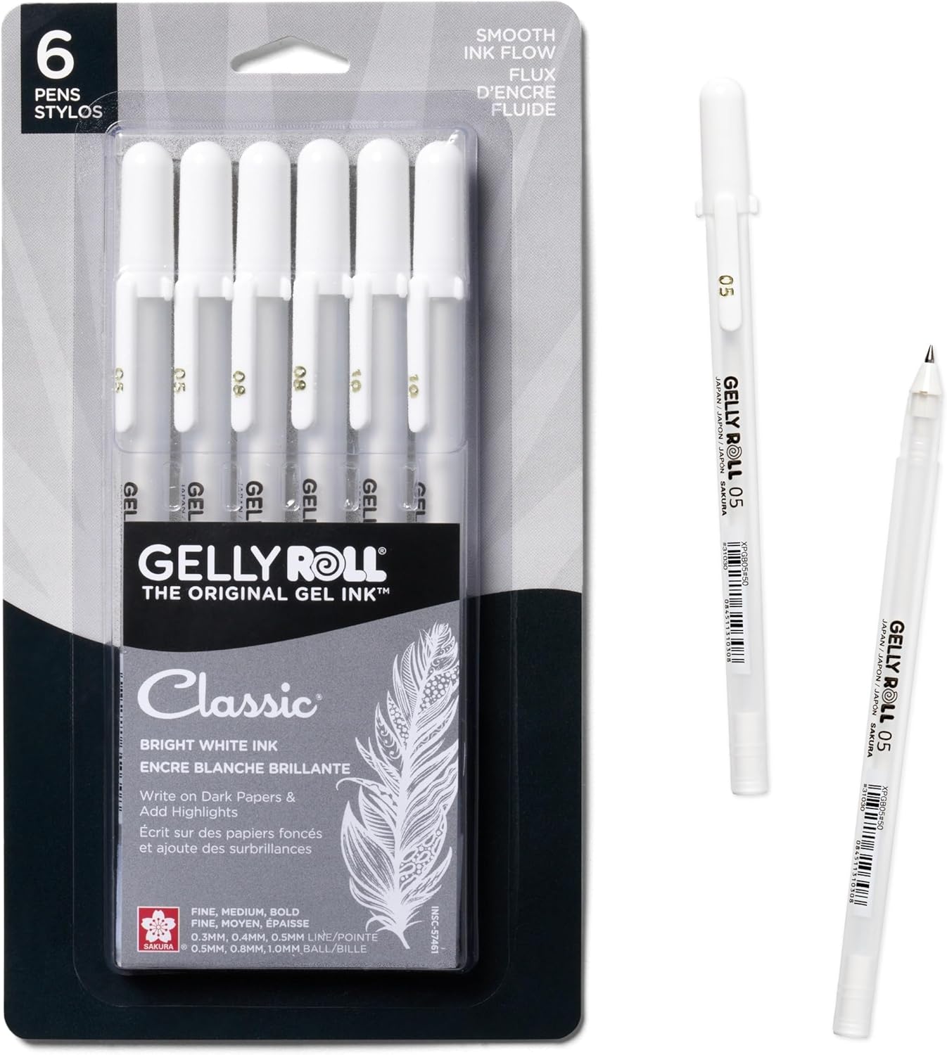 SAKURA Gelly Roll Classic Gel Pens, Opaque White Ink, Ass't Tips 05/08/10, 6 PK 57461
