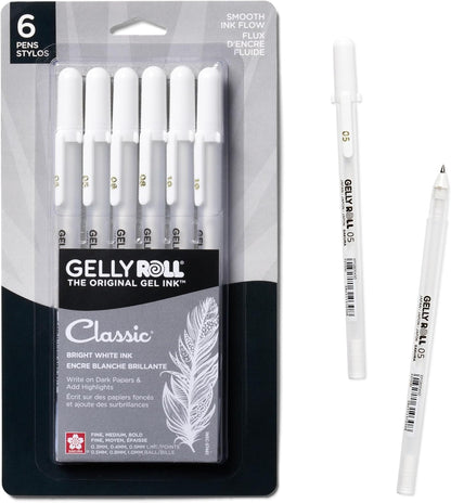 SAKURA Gelly Roll Classic Gel Pens, Opaque White Ink, Ass't Tips 05/08/10, 6 PK 57461