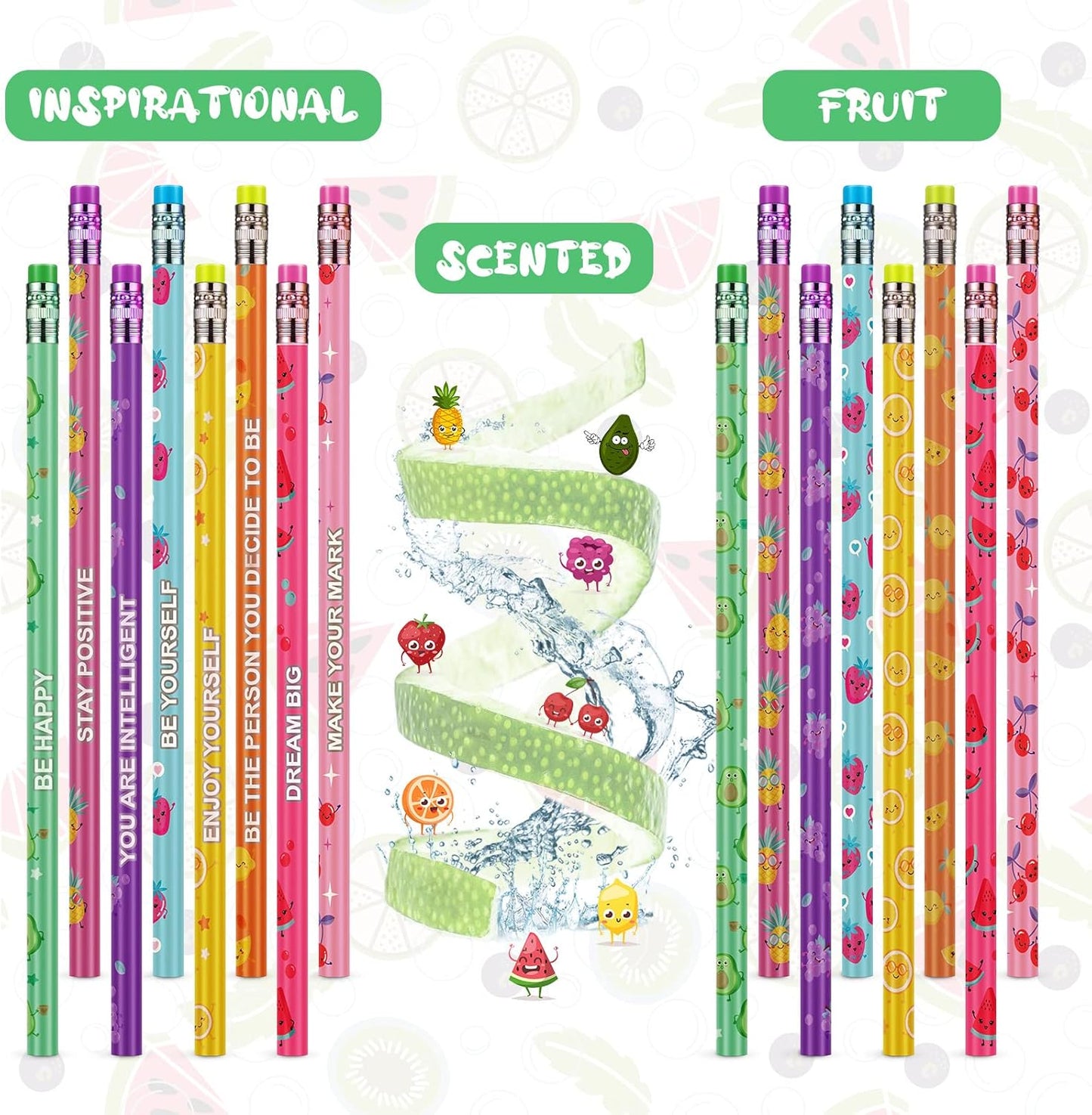 Leinuosen 48 Pcs Scented Pencils for Kids Cute Motivational Colorful Fun Wood HB Pencils Bulk with Erasers Fruit Elements for School Office Classroom Student