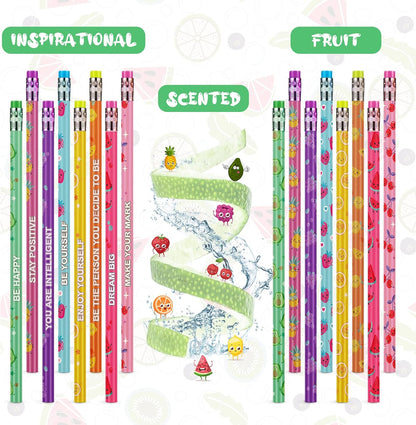 Leinuosen 48 Pcs Scented Pencils for Kids Cute Motivational Colorful Fun Wood HB Pencils Bulk with Erasers Fruit Elements for School Office Classroom Student
