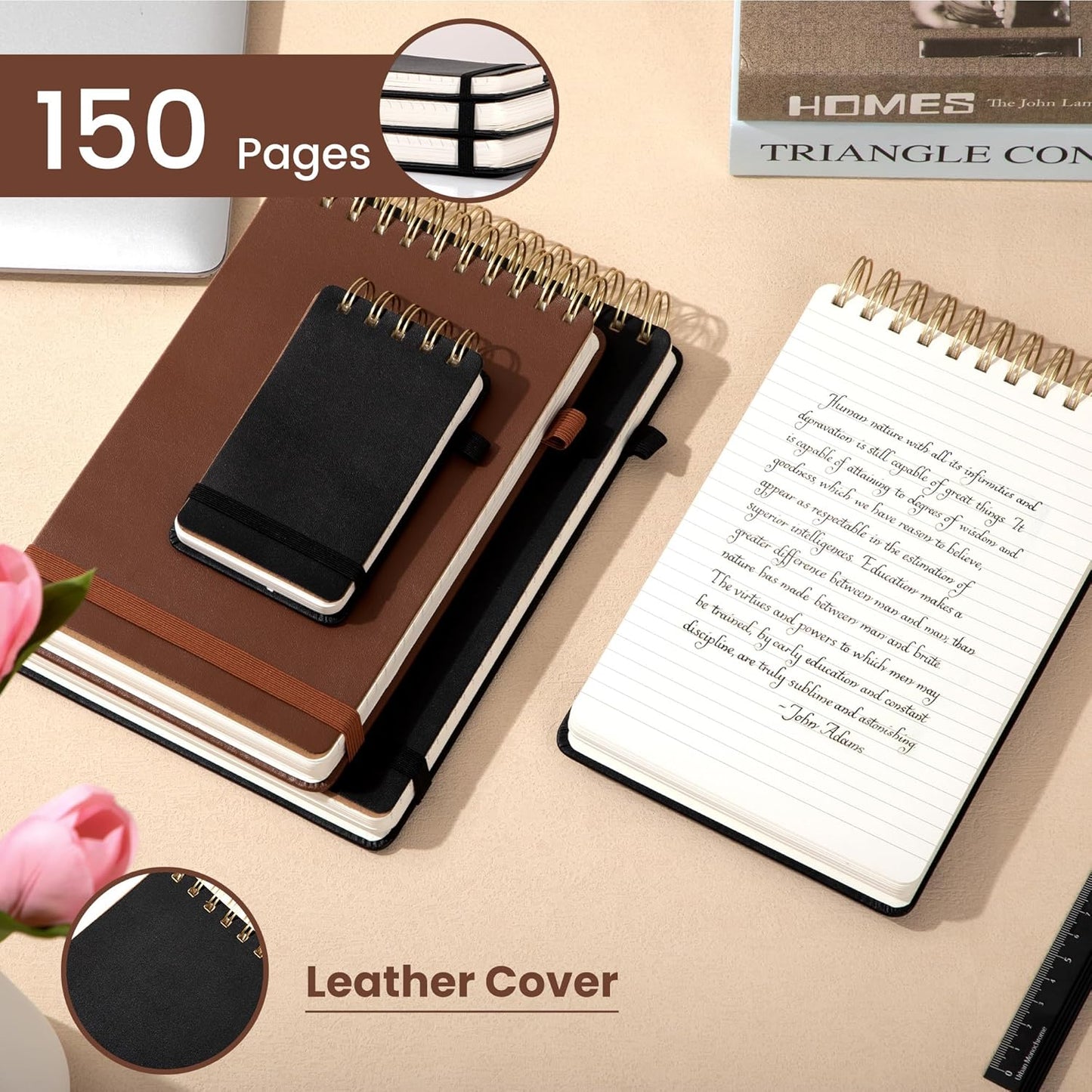 Yoment Small Notebooks 3x5 Leather Pocket Notepad 150 Pages Mini Top Spiral Notebook, 100 GSM Thick Paper, Memo Note Pads for Work School Nursing, Brown