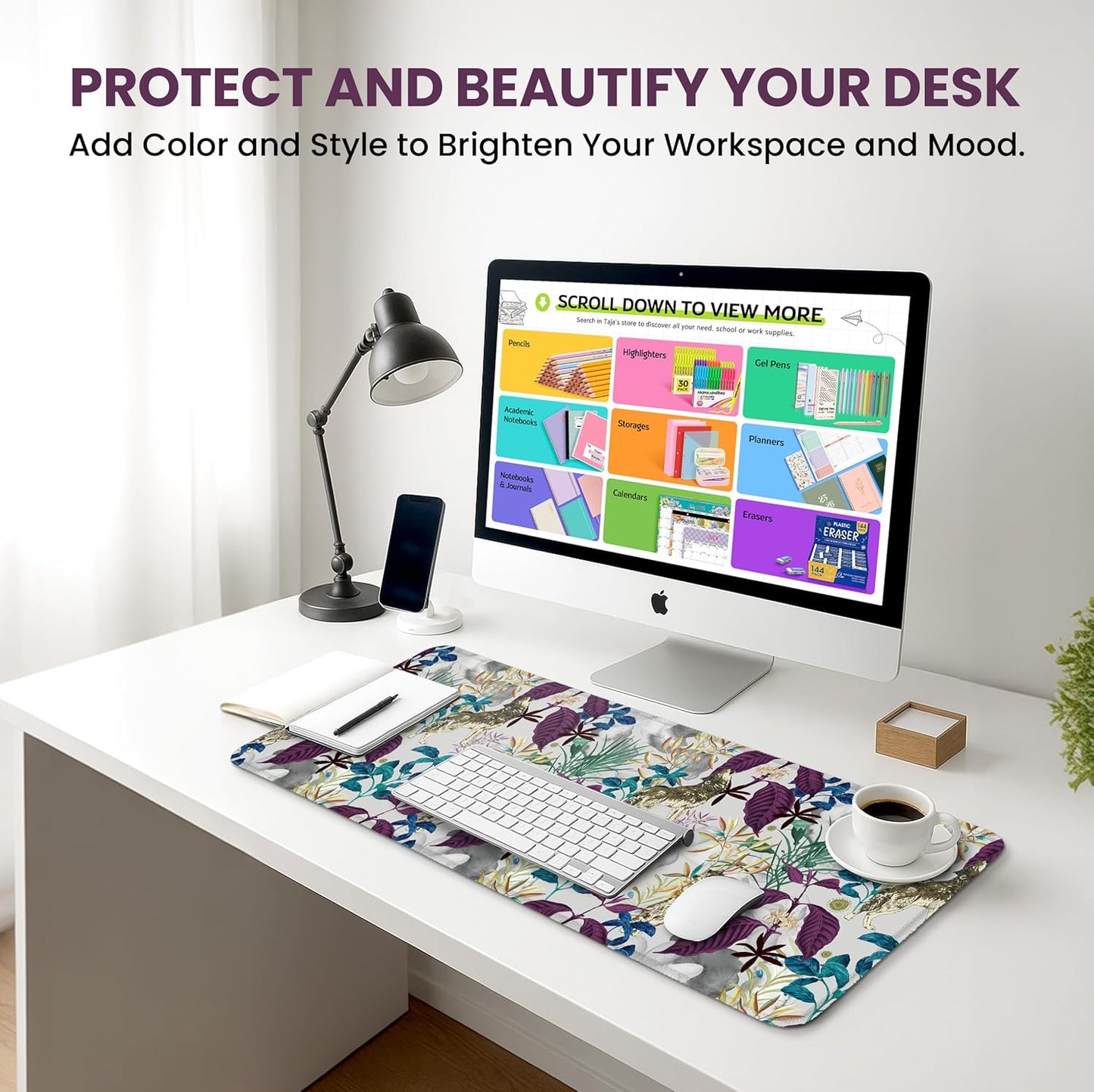 Large Mouse Pad for Desktop, Cute Desk Mat Pad Protector for Work & Gaming, Aesthetic Pretty Anti-Slip Laptop Blotter Cover for Office School Home Supplies, Wildflowers, 31.5" x 11.8"