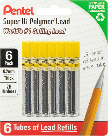 Pentel Super Hi-Polymer Lead Refills, 0.9 mm, HB, 90 Pieces (15 pcs per tube, 6 tubes)