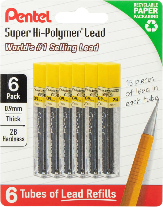 Pentel Super Hi-Polymer Lead Refills, 0.9 mm, HB, 90 Pieces (15 pcs per tube, 6 tubes)