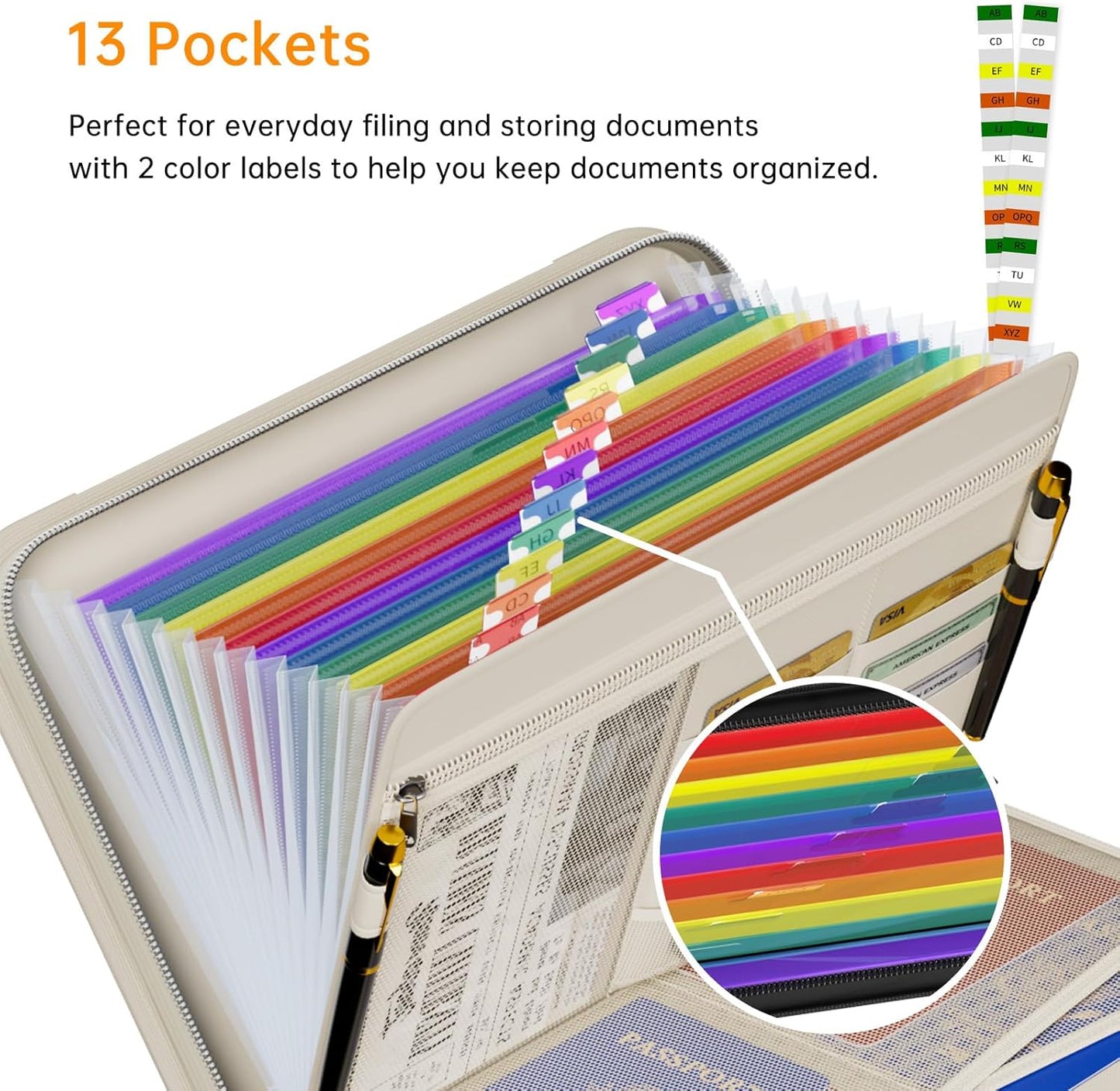 Tamfile Fireproof Accordion File Organizer with Handle, 13 Pocket Transparent Expanding File Folder with Zipper & Labels, File Folder with Multi-Pockets Paper Organizer Folder for Letter A4 Files