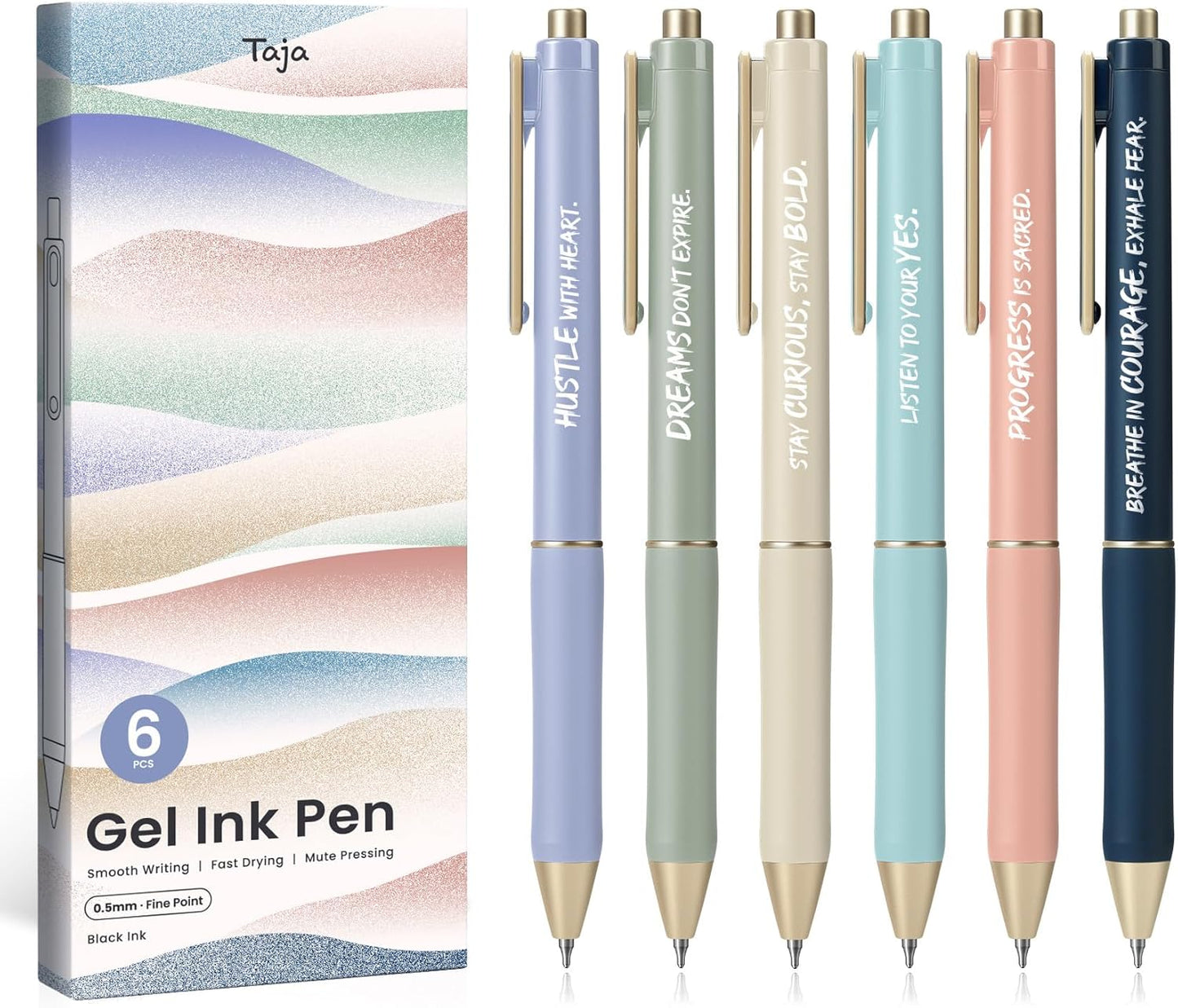 Taja Gel Pens, 6 Pcs Quick Dry Black Gel Ink Pens, 0.5mm Fine Point Smooth Writing Pens for Journaling and Note Taking, Cute Aesthetic Pens for Women & Men-Pastel