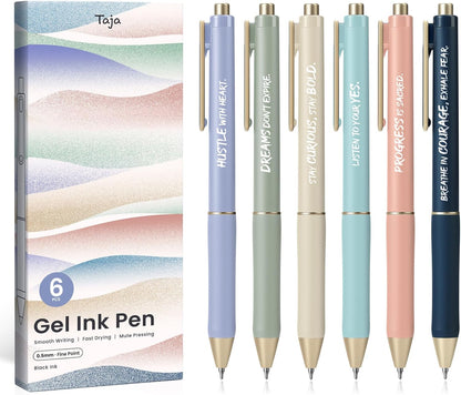 Taja Gel Pens, 6 Pcs Quick Dry Black Gel Ink Pens, 0.5mm Fine Point Smooth Writing Pens for Journaling and Note Taking, Cute Aesthetic Pens for Women & Men-Pastel